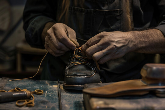 Close-up of skilled cobbler repairing a leather boot by hand. Traditional craftsmanship and artisan work concept.