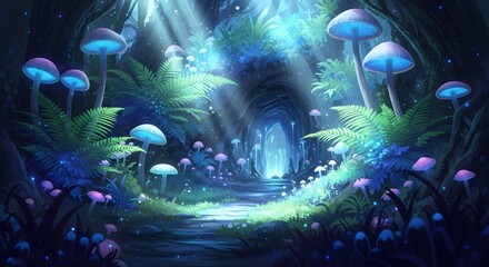 Enchanting Forest Path A Surreal Landscape of Glowing Mushrooms and Lush Foliage