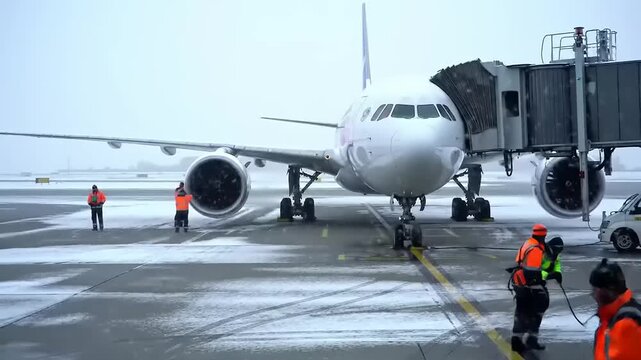Airplane on snowy tarmac with ground crew