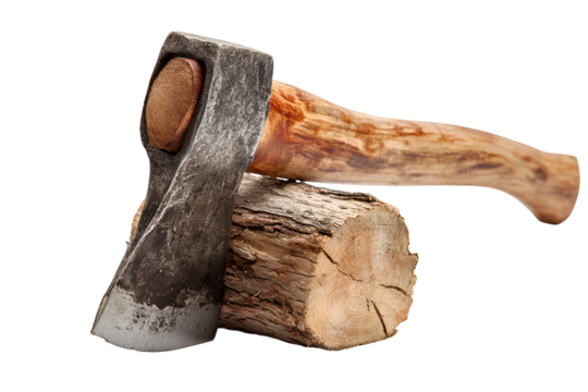 Close up of an axe head resting on a log isolated on transparent background