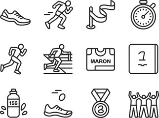 Set of simple line art icons representing running and athletics