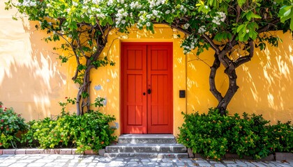 Colorful facade with a red door and lush plants
