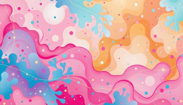 a vibrant, abstract design that seems to combine elements of nature with abstract shapes and patterns. the predominant colors are pastel hues, contributing to a dreamy, whimsical atmosphere
