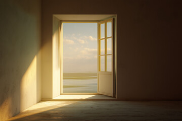 Minimalist window frame fully opened with warm sunlight flooding into a quiet room emotional openness trust and beginning of healing