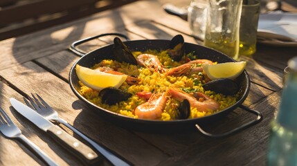 Rustic Seafood Paella in Cast Iron Pan
