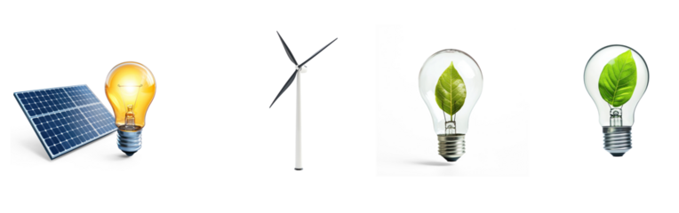 A solar panel, light bulb, wind turbine, and leaf in a green environment.