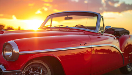 Vintage Red Convertible Car with Chrome Accents Parked Against a Glowing Sunset Background, Classic Elegance in Golden Hour Light