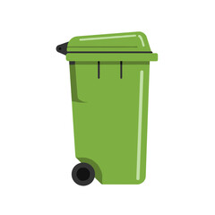 Green trash bin with wheels on transparent background  