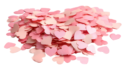 Pile of pink paper hearts forming a larger heart shape isolated on transparent background