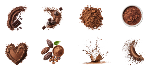 Cocoa powder and chocolate pieces in various shapes and sizes.