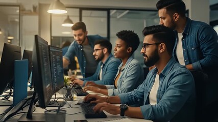 Diverse Team Collaborating In Modern Office Setting With Computer Screens Under Warm Lighting - Powered by Adobe
