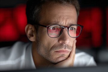 orporate employee shocked at computer screen, data breach warning, red alert interface reflected on glasses, modern office background, natural lighting, realistic photography style