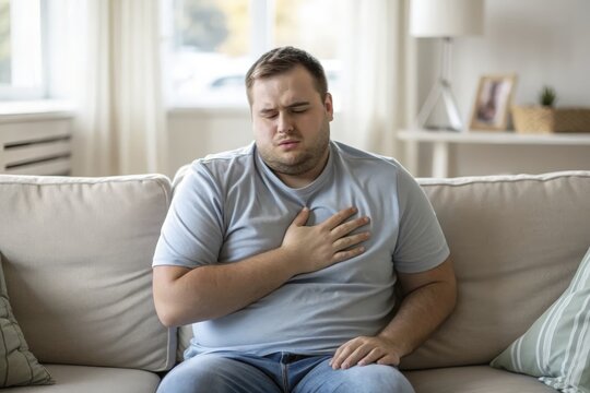 Man experiencing chest pain sitting on couch in living room indoors