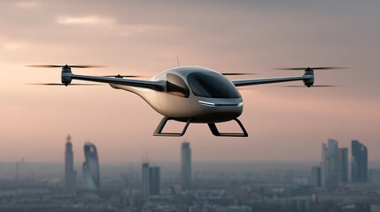 Electric vertical takeoff air taxi drone flying above skyline, futuristic city with hover cars, sunset clouds, soft cinematic look