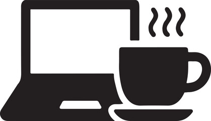 Silhouette vector of coffee cup with laptop, perfect for remote work, cafe branding, and productivity designs.