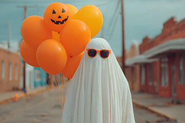 Person in Halloween costume of ghost with sunglasses and Jack-o'-lantern balloons smiling