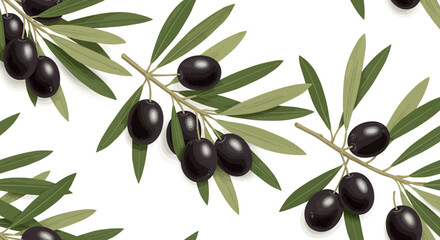 Seamless vector pattern of black olives with green leaves on a white background