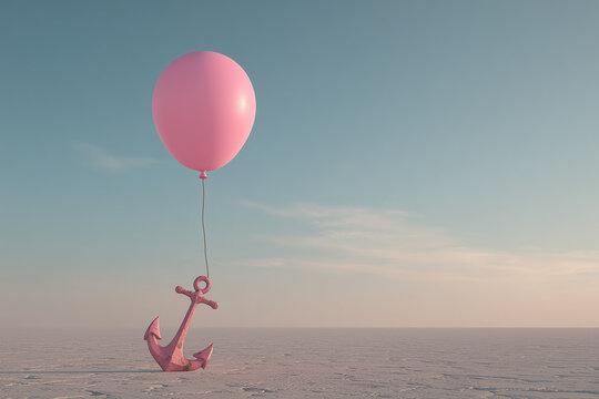 3D minimalist balloon slowly lifting above a detached anchor emotional release from past weight freedom and emotional