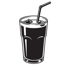 Black and white vector illustration of a refreshing iced beverage with a straw