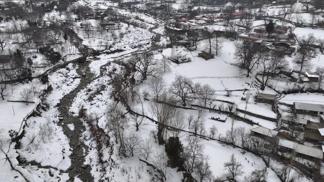 Kalash Valley at Winter, Village of Rumbur, Batrik, Bamburet, Aerial Shot. Kalash People Culture, Chitral, Pakistan.