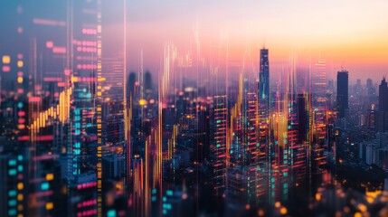 Vibrant cityscape at sunset overlaid with dynamic financial data graphs.