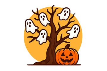 Halloween vector design features a happy halloween text, trick or treat invitation card with cute pumpkin character elements, and a horror party card background in vector illustration