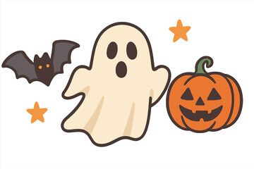 Fototapeta premium Collection of halloween cartoon images featuring pumpkins, ghosts and bats in an autumn arrangement, created in a vector flat design style