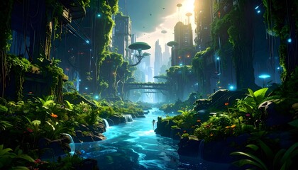 Naklejka premium A luminous river pulses through crumbling streets, cleansed by living nanotech and AI microbes — nature reboots civilization, glowing veins of life in a decaying smart city of the past.