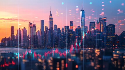 New York City skyline at sunset with superimposed stock market graph.