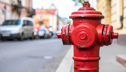 Old red fire hydrant in city street. Water standpipe for emergency fire access.