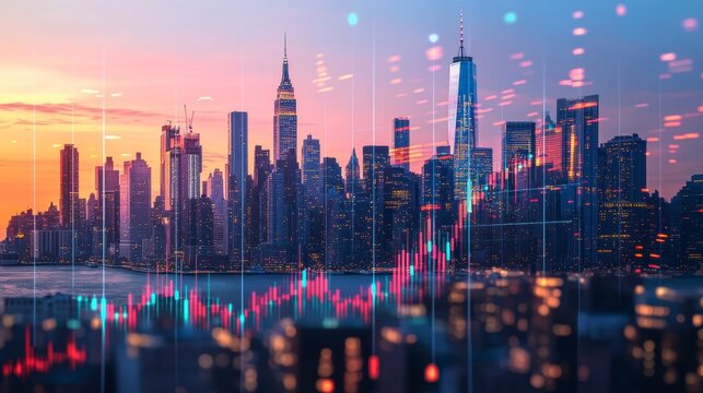 New York City skyline at sunset with superimposed stock market graph.
