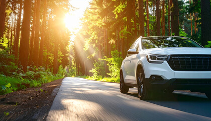 Fototapeta premium Modern White SUV Driving on a Forest Road with Sunlight Streaming Through the Trees, Capturing the Harmony of Technology and Nature in Motion