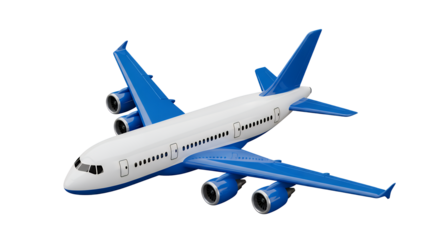 Blue and white commercial airplane icon flying rightward in 3D style