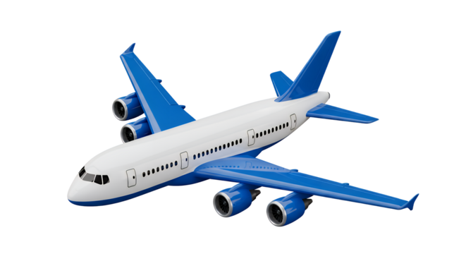 Blue and white commercial airplane icon flying rightward in 3D style