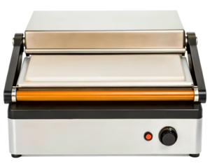 Commercial sandwich press with temperature control knob and handle on a transparent background