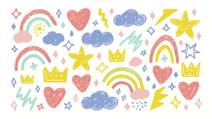 Joyful crayon doodles of abstract symbols like hearts, crowns, stars, and clouds blending nature with fun in a magical and youthful artistic expression.