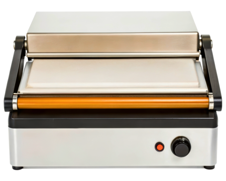 Commercial sandwich press with temperature control knob and handle on a transparent background