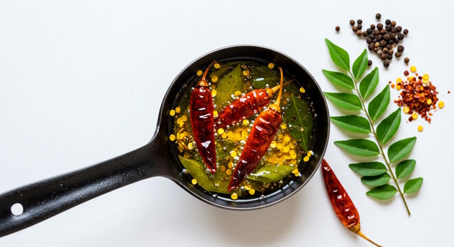 spice, dry chili, mustard seeds,curry patta leaves in hot oil for tempering known in india as chaunk, tadka, vaghar in casting iron big spoon for Indian Gujarati stew curry, white background