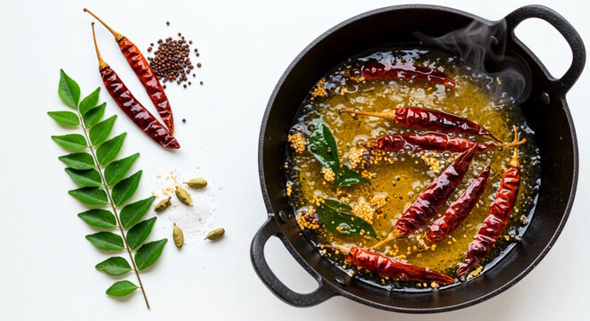 spice, dry chili, mustard seeds,curry patta leaves in hot oil for tempering known in india as chaunk, tadka, vaghar in casting iron big pan for Indian Gujarati stew curry, white background