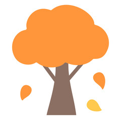 Flat icon of an orange-leaved tree with some fallen leaves. Autumn tree vector illustration.