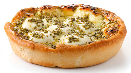 Delicious pesto and mozzarella pizza in a crusty bread bowl baked to perfection