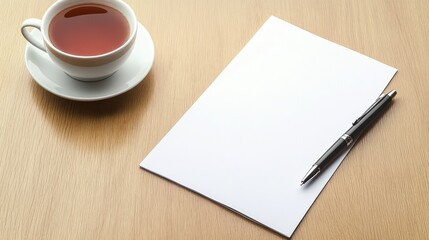 Blank brochure on desk with fountain pen, notebook, and coffee cup