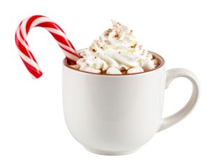  Candy Cane in Hot Cocoa Mug with Whipped Cream and Marshmallows Transparent PNG