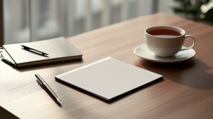 Blank brochure on desk with fountain pen, notebook, and coffee cup
