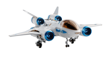 Futuristic Aircraft in Flight: An immaculate, state-of-the-art aircraft showcases a sleek and modern design with its streamlined fuselage and powerful jet engines poised for takeoff. 