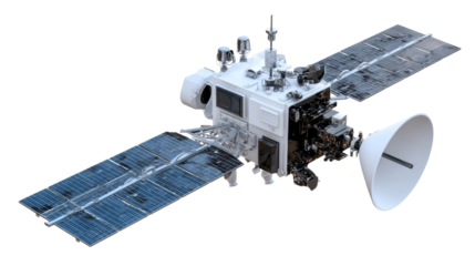 Celestial Explorer: A highly detailed depiction of a cutting-edge satellite, showcasing its intricate solar panels, communication dish, and advanced scientific instrumentation.