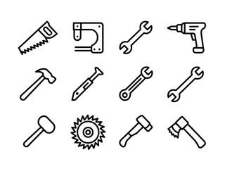 Obraz premium Collection of twelve different hand tool icons in a silhouette style isolated on white background