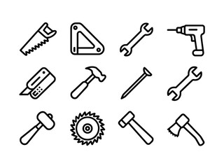 Collection of hand tool silhouettes isolated on white background