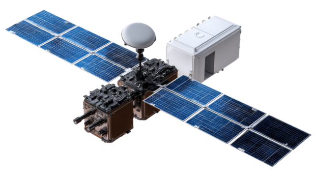 Celestial Explorer: A detailed depiction of a state-of-the-art satellite, showcasing solar panels and advanced technology.