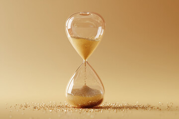 Minimalist hourglass, sand suspended in time, white background, 3D illustration. Copy space for text, No logo, No Trademark, No text